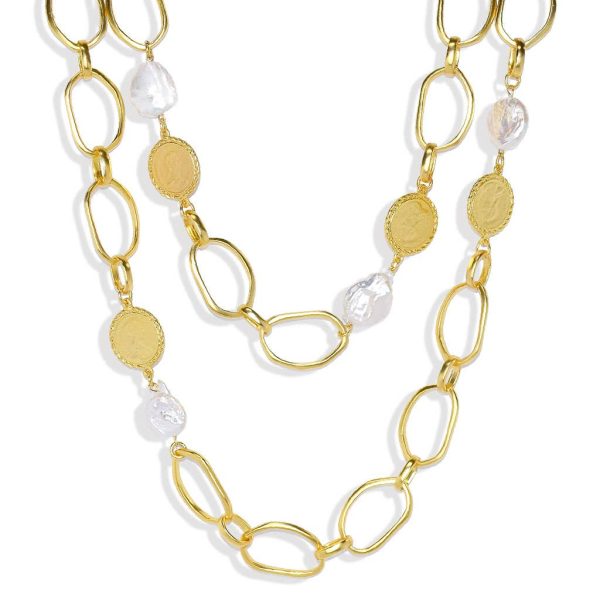 Flat pearls and coins Layered Necklace For Cheap